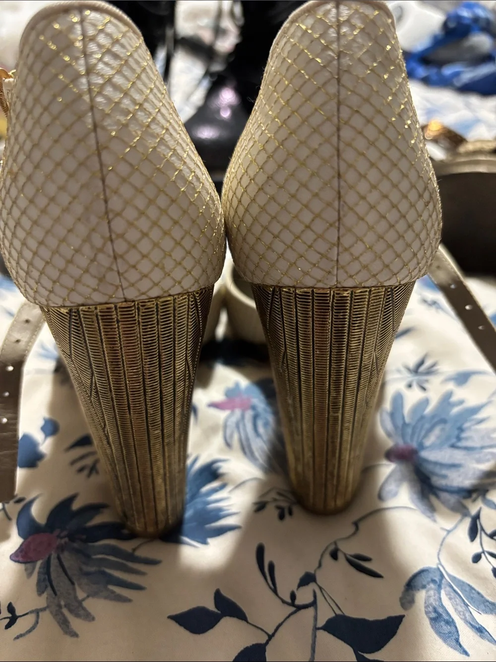 CHANEL Cream and Gold Camellia Ankle-Strap Heels